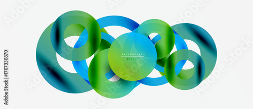 Abstract colorful circles overlap creating dynamic visual effect. Gradient shades blend smoothly, forming modern design element.
