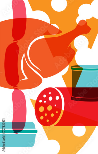 Food poster. Poutry, cheese and canned food. Silhouettes of meat products in retail shop.