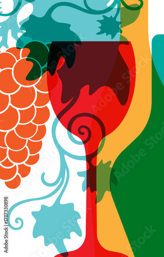 Food poster. Wine, grape, bottle and wine glass. Silhouettes of wine products in retail shop.