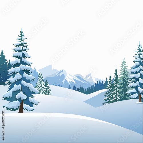 winter landscape with trees in the foreground and hills covered by snow