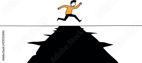 An Illustration Of A Running Figure Jumping Over A Black Abyss in White Background