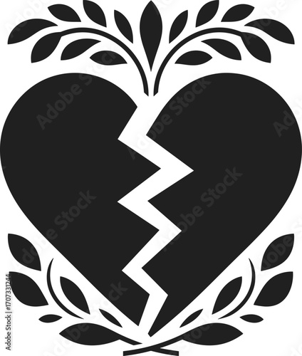 Broken heart silhouette with decorative leaves, love symbol with crack, heartbreak illustration, emotional design, black and white vector art for graphic useBroken