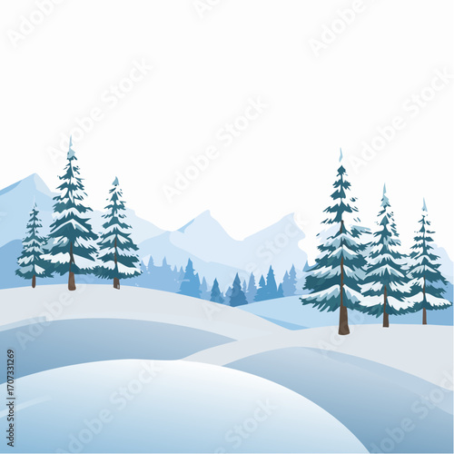 winter landscape with trees in the foreground and hills covered by snow