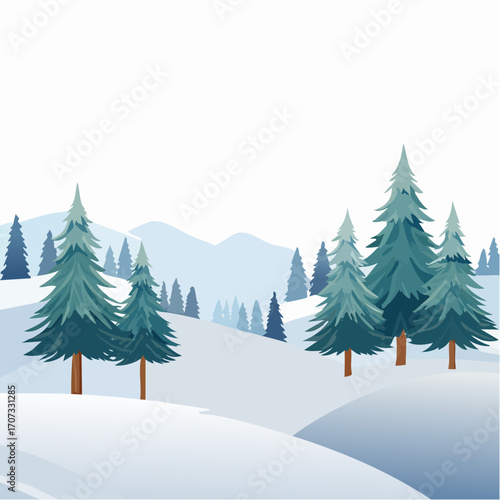 winter landscape with trees in the foreground and hills covered by snow