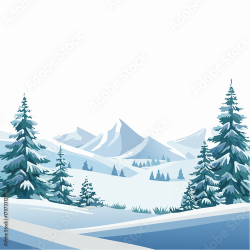 winter landscape with trees in the foreground and hills covered by snow