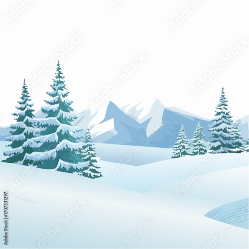 winter landscape with trees in the foreground and hills covered by snow
