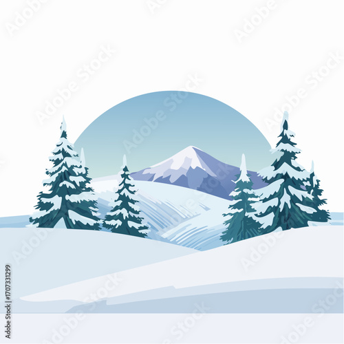 winter landscape with trees in the foreground and hills covered by snow