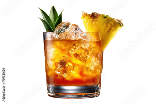 cocktail with pineapple wedge garnish white PNG isolated background. Mixology, bar menu, colorful vibrant refreshing drink in old fashioned glass