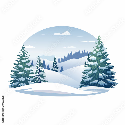 winter landscape with trees in the foreground and hills covered by snow
