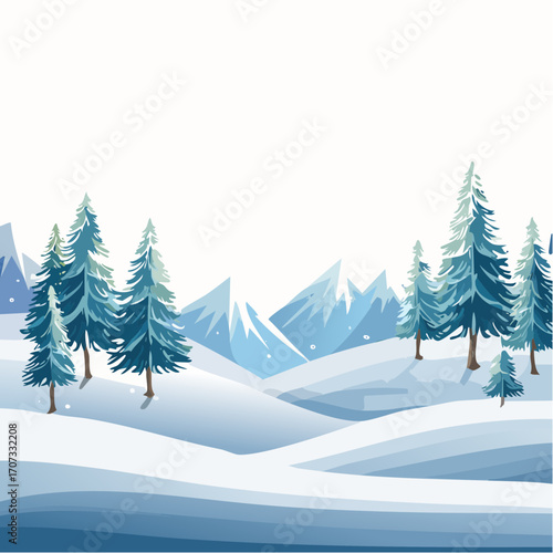 winter landscape with trees in the foreground and hills covered by snow