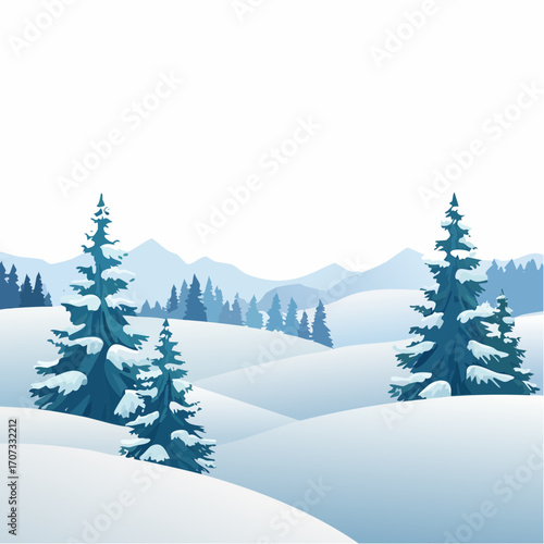 winter landscape with trees in the foreground and hills covered by snow