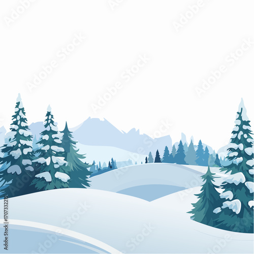 winter landscape with trees in the foreground and hills covered by snow