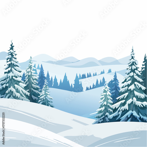 winter landscape with trees in the foreground and hills covered by snow