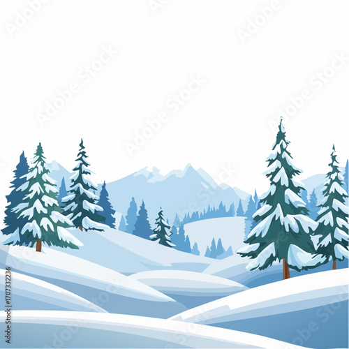 winter landscape with trees in the foreground and hills covered by snow
