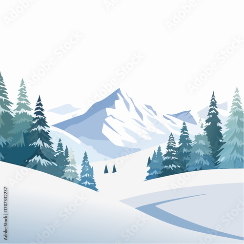 winter landscape with trees in the foreground and hills covered by snow