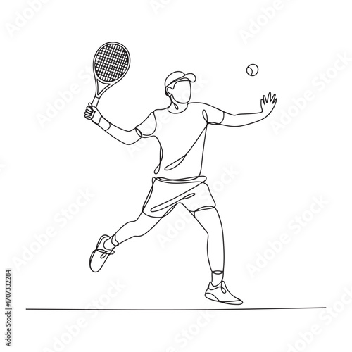 Continuous one line Art drawing young agile man tennis player jump and hit the ball. Tennis professional tournament. Sport exercise healthy concept. with white background