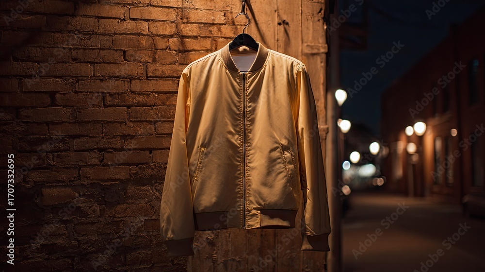 Fototapeta premium Pale yellow bomber jacket hangs on a wall at night
