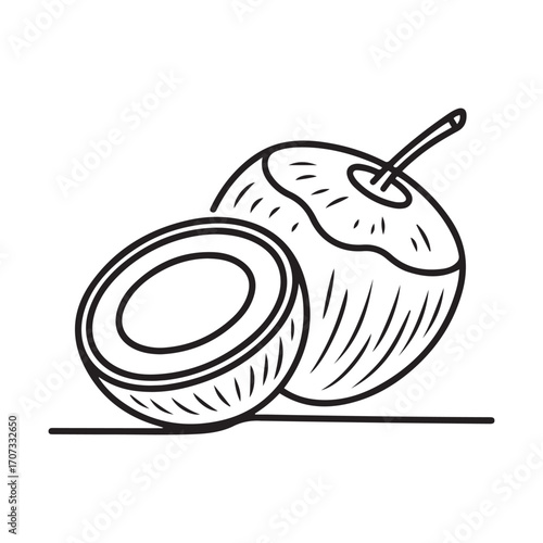 Single continuous line Art drawing whole and sliced healthy organic coconut for orchard logo identity. Fresh fruitage concept for fruit garden icon. with white background