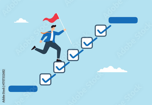 Superhero businessman finish task checklist for work target in flat design