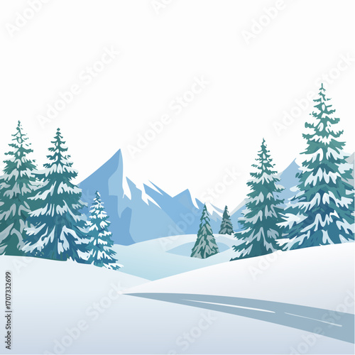 winter landscape with trees in the foreground and hills covered by snow