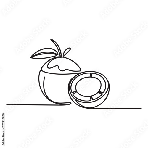 Single continuous line Art drawing whole and sliced healthy organic coconut for orchard logo identity. Fresh fruitage concept for fruit garden icon. with white background