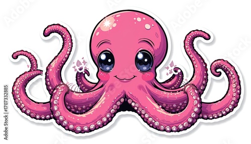 A charming, stylized illustration of a cute, pink octopus with large, expressive eyes, set against a clean white background.