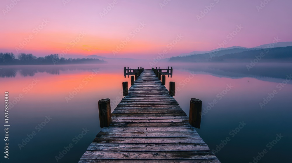 Fototapeta premium Serene Wooden Pier Extending into Misty Lake at Sunrise.