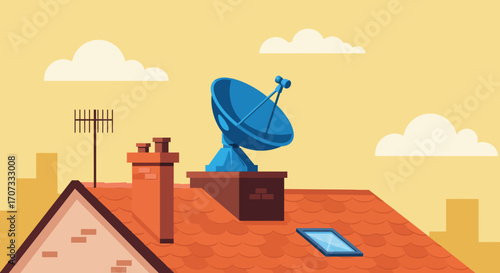 Rooftop with a satellite dish antenna chimney and skylight against a yellow sky with white clouds