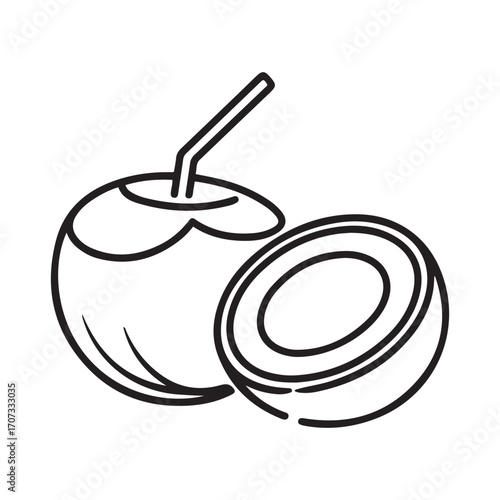 Single continuous line Art drawing whole and sliced healthy organic coconut for orchard logo identity. Fresh fruitage concept for fruit garden icon. with white background