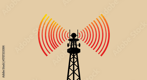 Silhouette of a communications tower emitting radiating waves on a beige background