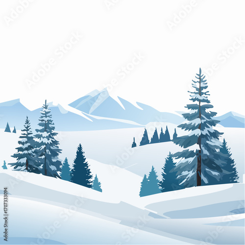 winter landscape with trees in the foreground and hills covered by snow