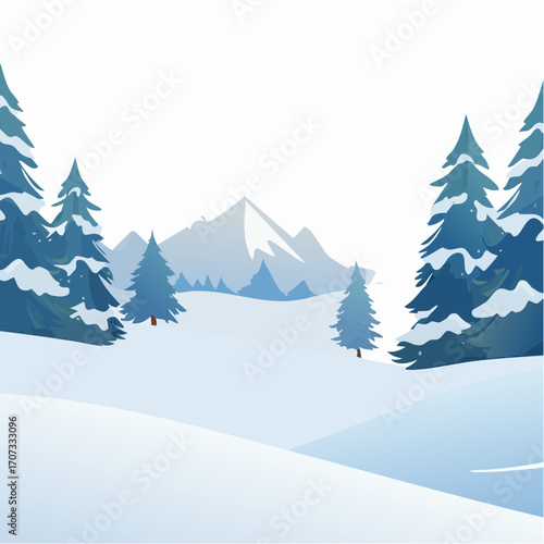 winter landscape with trees in the foreground and hills covered by snow