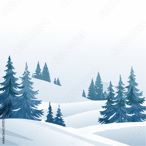 winter landscape with trees in the foreground and hills covered by snow