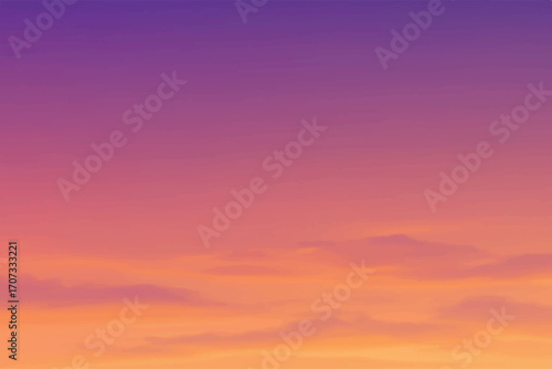 Gradient sky with purple and orange hues, soft clouds.