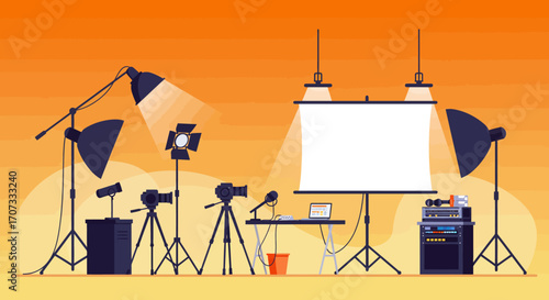 Studio setup with screen cameras lights microphone table and tech rack