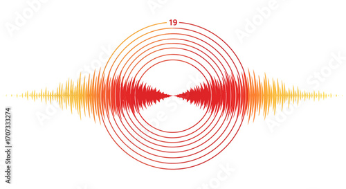 Stylized seismic wave with concentric circles colored from yellow to red The number 19 sits above the center