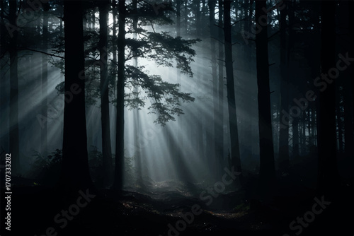 Sunbeams piercing a dark, misty forest.