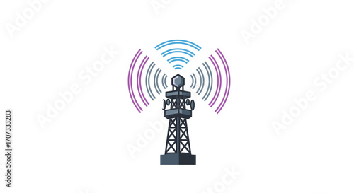 Telecom tower emits waves of blue gray and purple