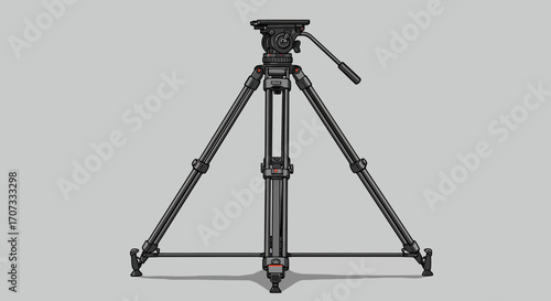 The image displays a dark gray film camera tripod against a pale gray background