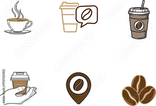 Vector art of coffee shop icons, coffee beans and cups set