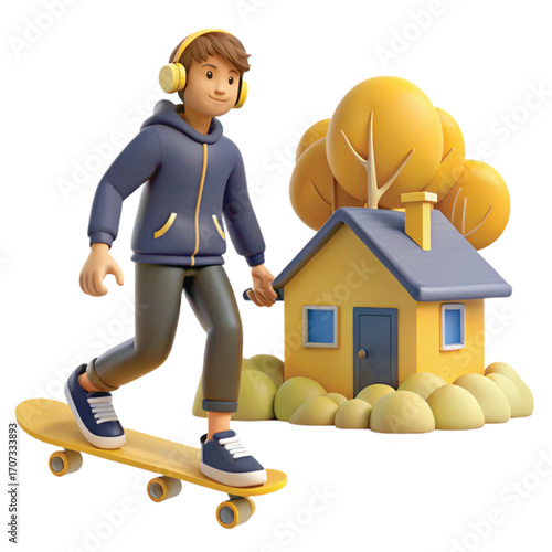 Boy skateboarding isolated on white background