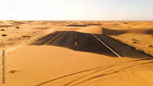 The power of nature reclaiming civilization as a deserted highway is buried under golden sand in a desolate arid environment