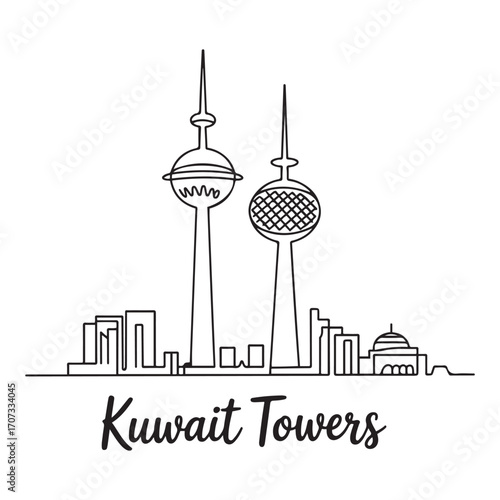 One single line Art drawing Kuwait Towers landmark. World famous iconic building in Kuwait City. Tourism travel postcard wall decor poster concept. with white background