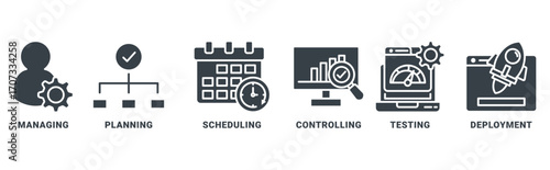 Release management icon set vector concept with icon of managing, planning, scheduling, building, testing, preparing and deployment 