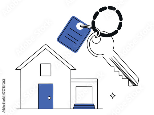 House with key and keychain – home ownership and access concept vector illustration