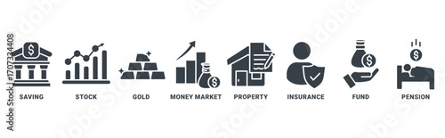 Retirement Plan icon set vector concept with icon of saving, stock, gold, money market, property, insurance, fund, pension 