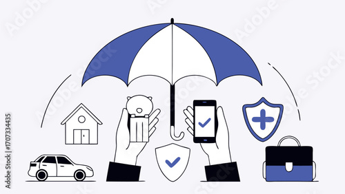 Protection and insurance for property, health, and digital assets. A person is holding a piggy bank and a smartphone under an umbrella.