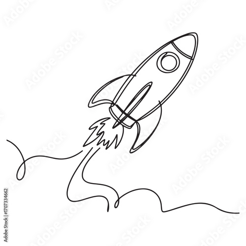 One single line Art drawing of simple vintage rocket takes off into the outer space vector graphic illustration. with white background
