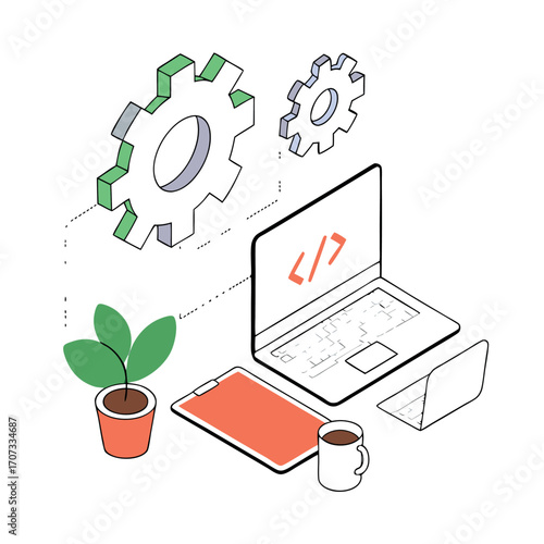 Remote working desk setup for a developer with laptops, a plant, and gears.