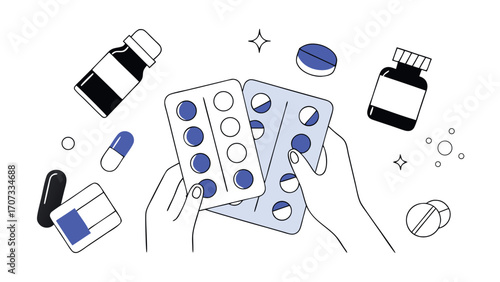 Top view of a healthcare concept with hands holding blister packs of pills, with other medical supplies scattered around.